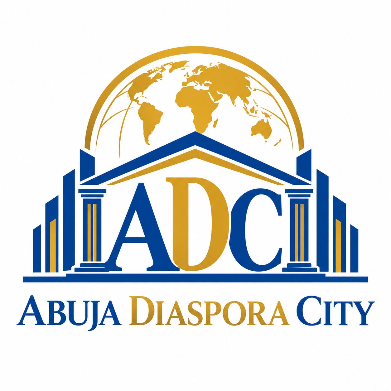 Abuja Diaspora City emblem: a gold globe above a classical colonnade with the ADC monogram