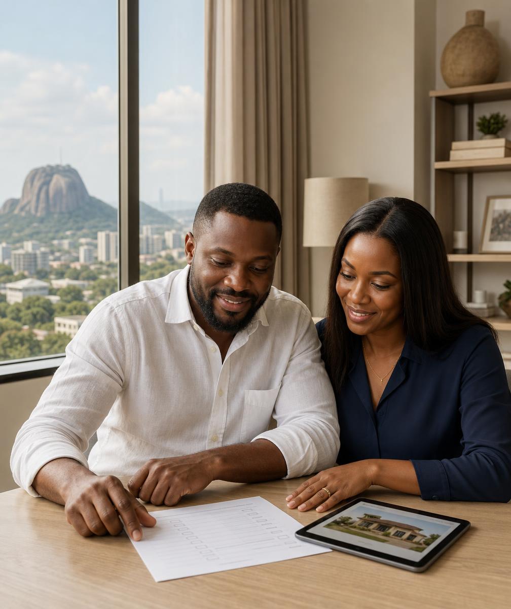 Diaspora couple reviewing their Abuja plans with the city skyline behind them
